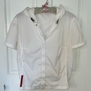 Prada Sport white cotton short sleeve hooded fitted jacket top with zipper. Sz L